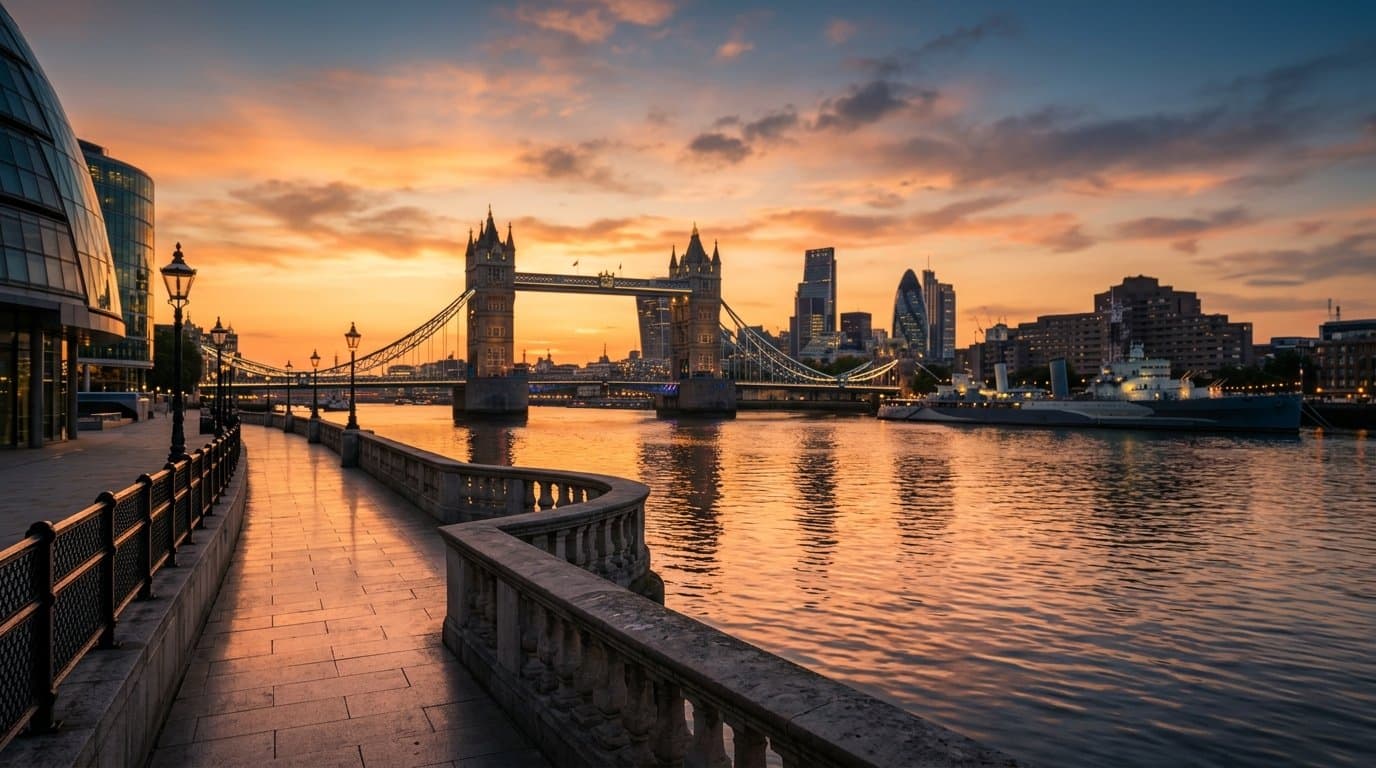 London skyline with commuter movement, representing focused life coaching support in the capital