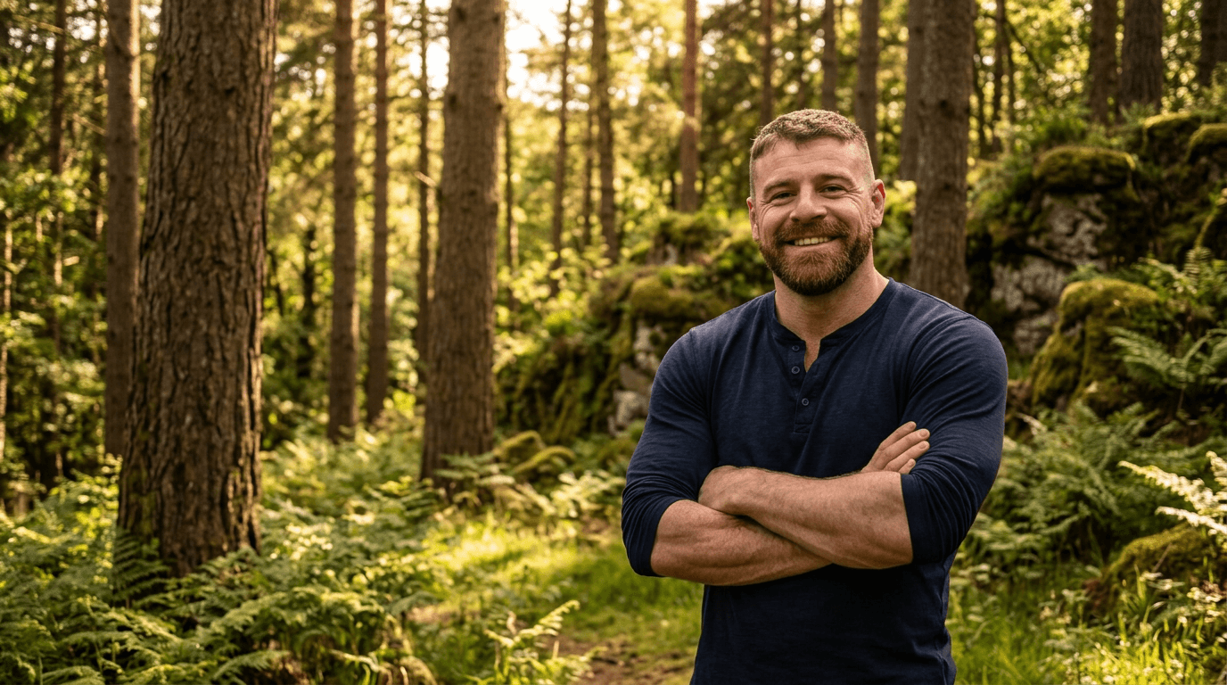 Alistair in the Scottish highlands, embodying resilience and natural beauty