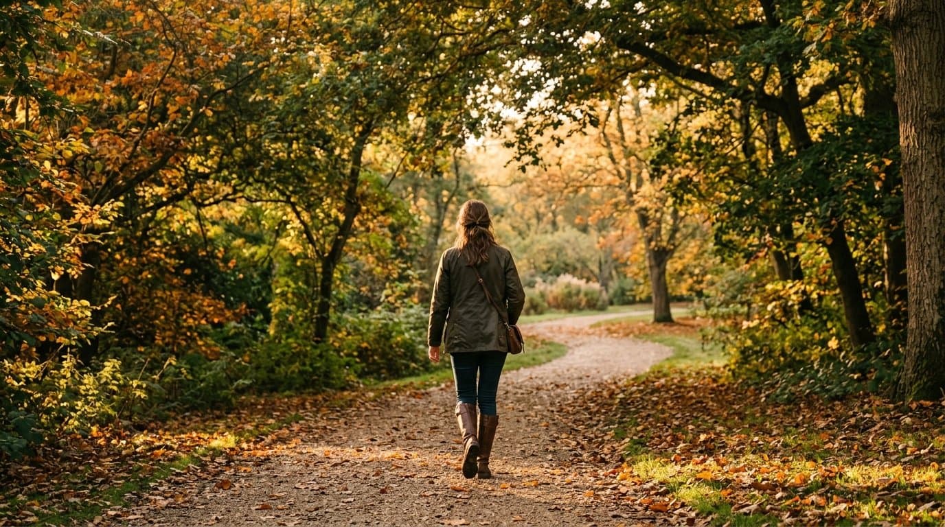 Person smiling during a calm morning walk while building daily habits for happiness
