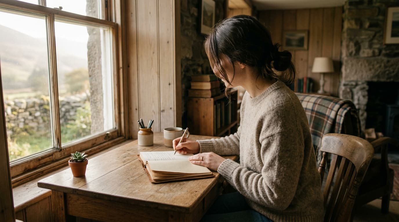 A man sitting calmly with a journal, practising practical steps to stop overthinking