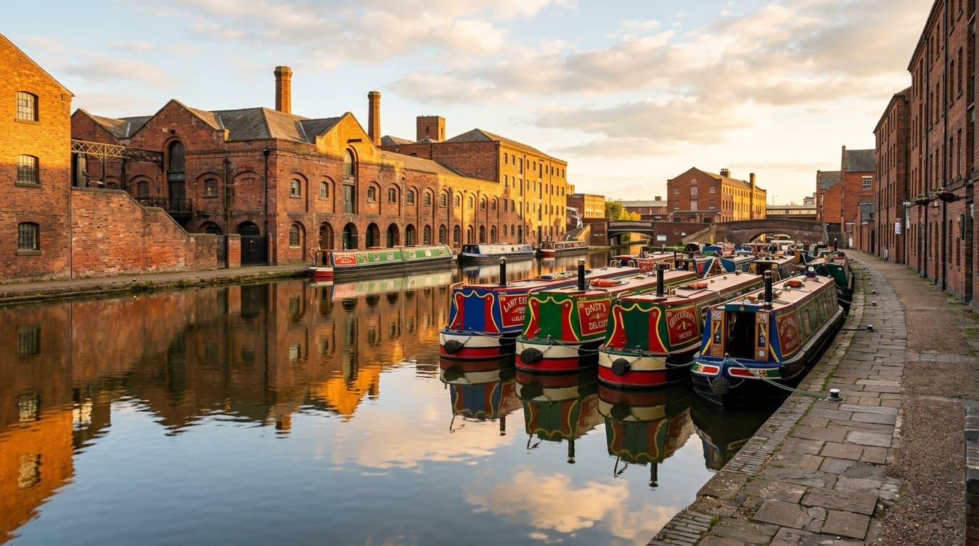 Birmingham city skyline and canal path, symbolising focused progress through life coaching