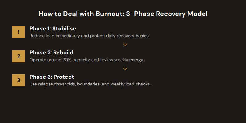 Three-phase burnout recovery framework: stabilise in days 1-14, rebuild capacity in weeks 3-6, and protect against relapse ongoing