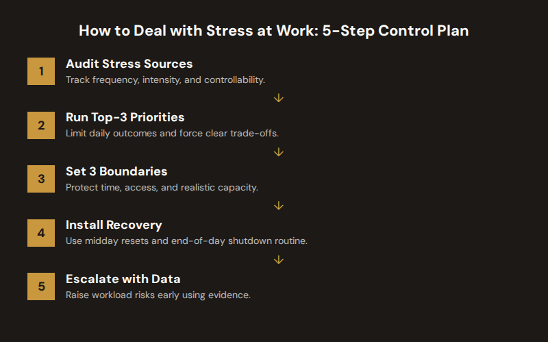 Five-step framework for dealing with stress at work: stress-source audit, top-3 priorities, boundary setting, recovery resets, and early escalation