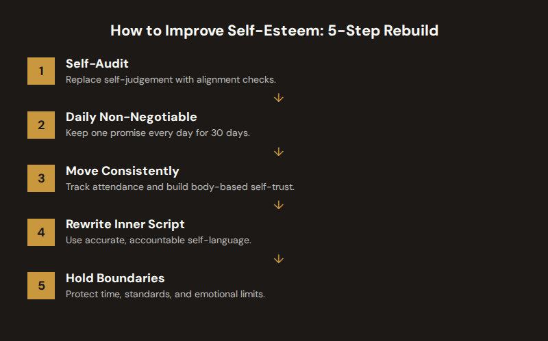 Five-step self-esteem framework: self-audit, daily non-negotiable promises, consistent movement, better self-talk, and stronger boundaries